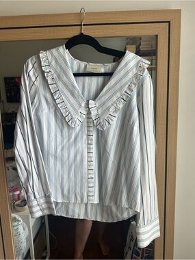 Anthropologie Maeve Blue and White Striped Button-Front Top